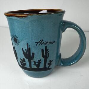 Arizona Saguaro Blue Brown Ceramic Coffee Mug Raised Desert Cactus Scented